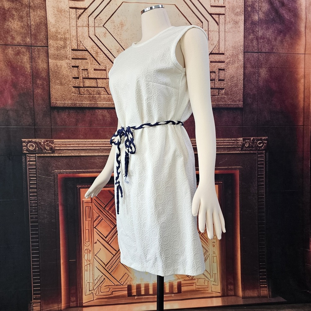 Vintage 1960's Dress Shift White Blue White Braided Belt Sleeveless Retro Pinup - Picture 4 of 13